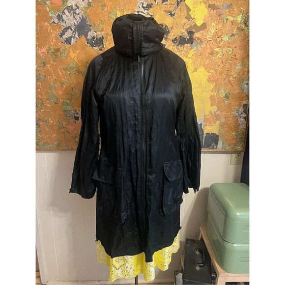 Vintage Mycra Pac Black Nylon & Metal Crinkled Thigh Length Raincoat size P - Picture 1 of 10